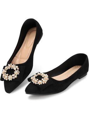 Women's 01-Black Pointed Toe Pearl Flats Comfort Non Slip Soft Sole Office Shoes